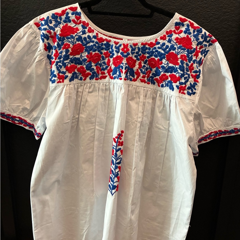 Spirit Dress Embroidered Floral Women's Top - White, Red, and Blue